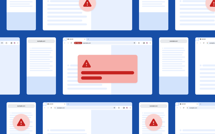 Páginas web genéricas flotando sobre un fondo azul oscuro. Delante, se muestra una ventana emergente roja con un icono rojo de alerta.