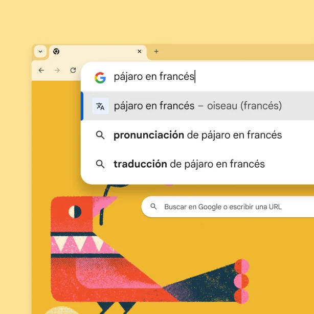 La página de la Búsqueda de Google con una imagen de un pájaro y la búsqueda 'pájaro en francés' con el resultado 'oiseau'