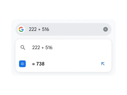 Una búsqueda de 222 + 516 muestra el resultado 738.